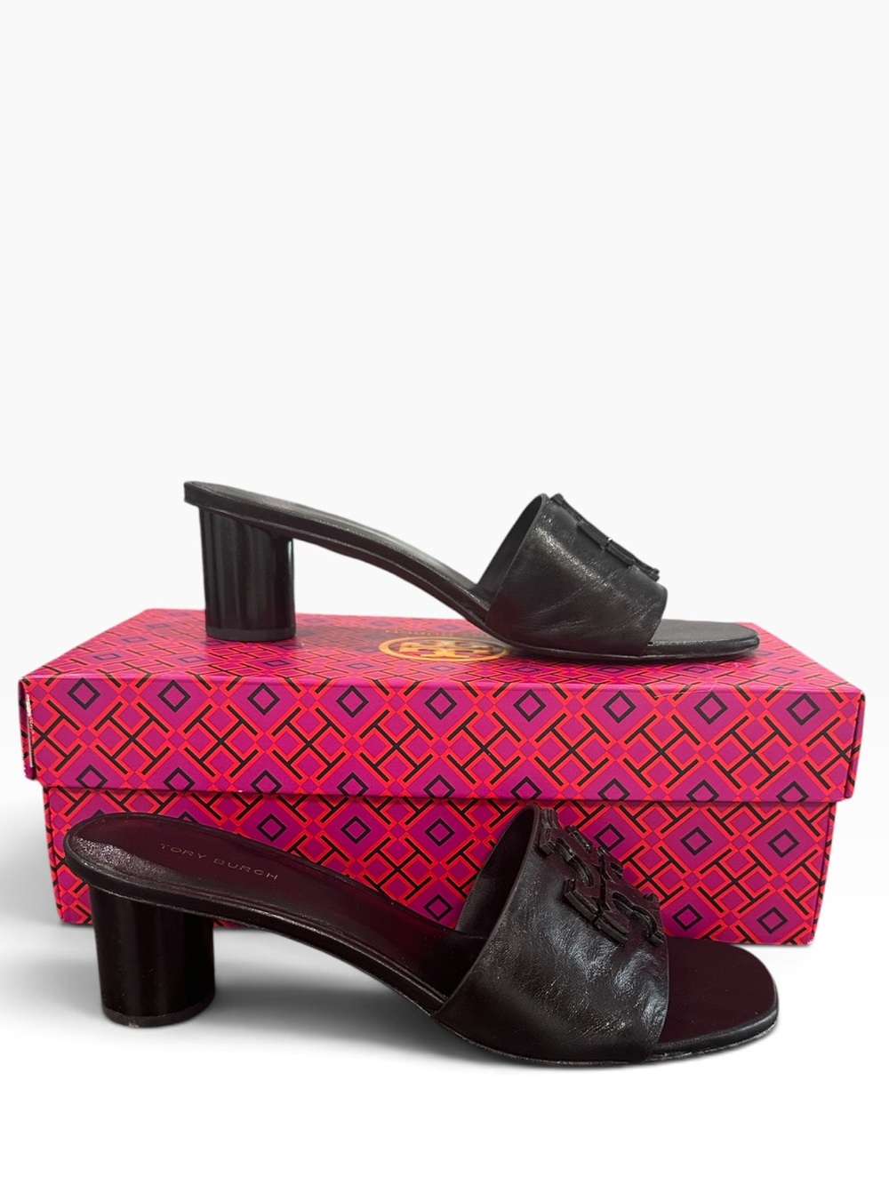 Tory Burch Black Leather Open-Toe Block Heel Mules